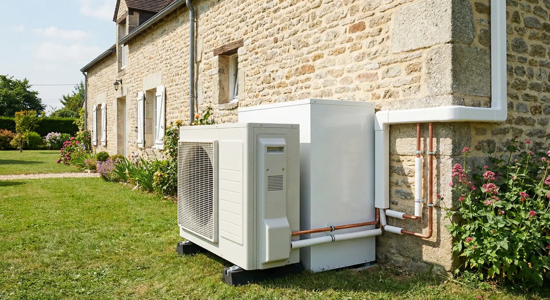 Pompe à chaleur installée à l'extérieur, contre le mur en pierre d'une maison