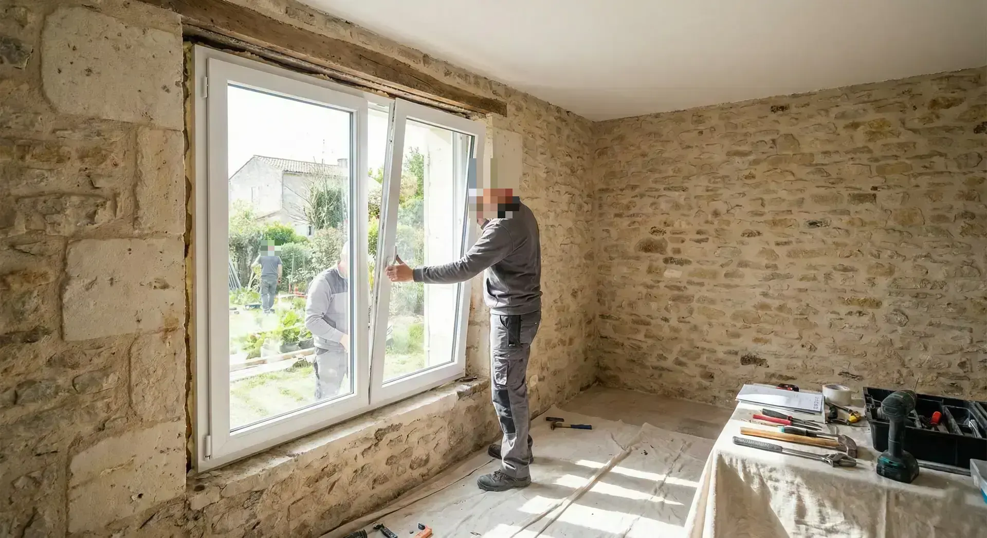 Pose d'une fenêtre blanche à deux vantaux dans une pièce aux murs en pierre