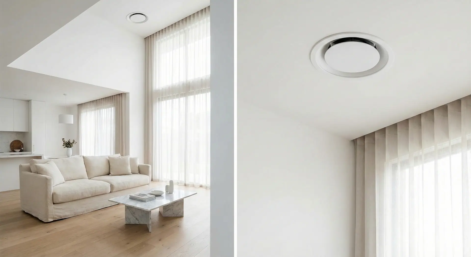 Bouche de ventilation ronde au plafond d'un salon, en vue d'ensemble et en gros plan